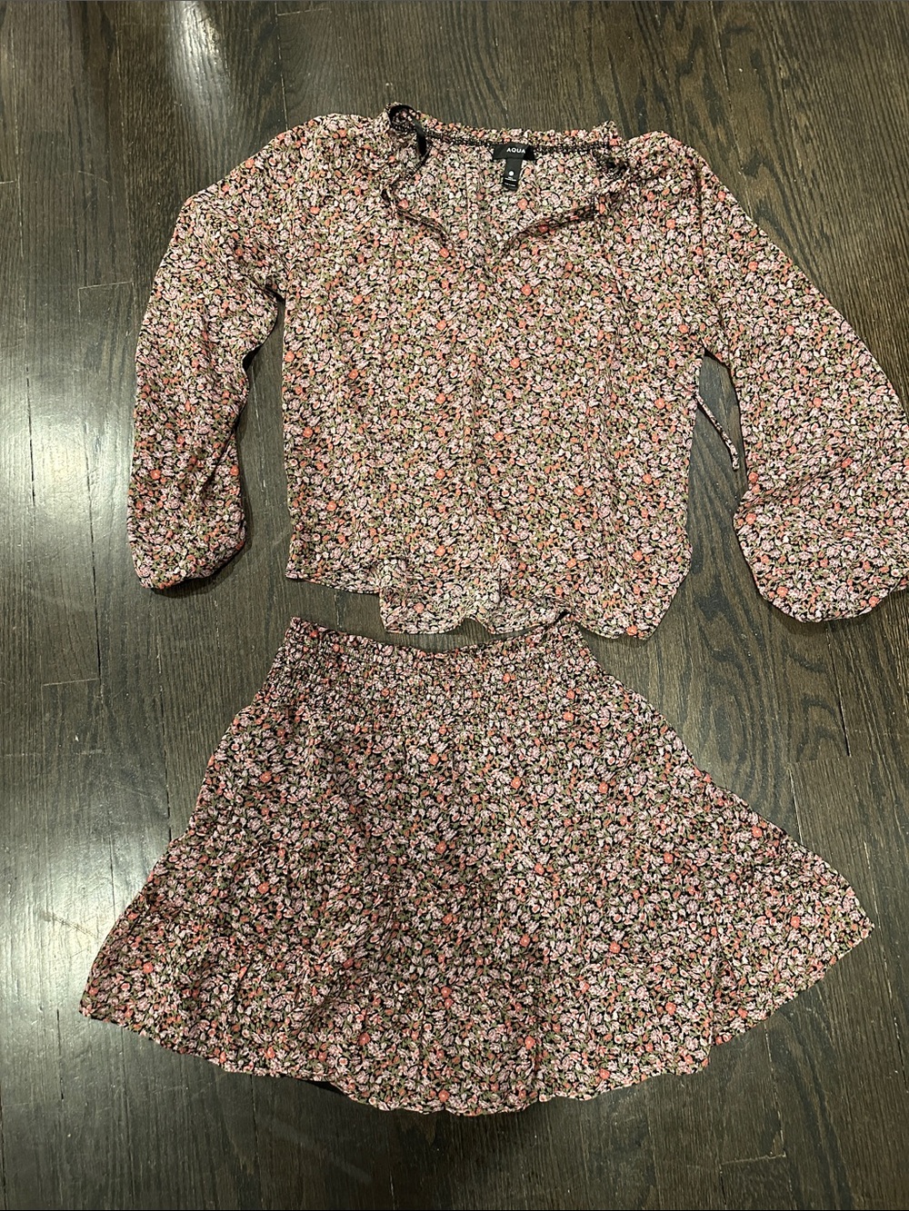 Aqua Floral Blouse and Skirt Set - Coral/Pink/Olive on Black